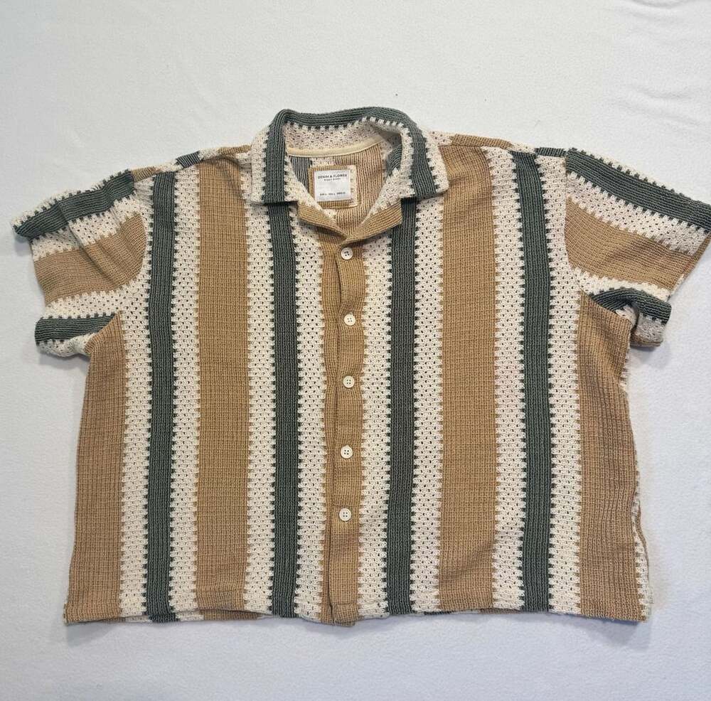 Denim & Flower Ricky Singh Men’s L Crochet Knit Striped Button Shirt Retro